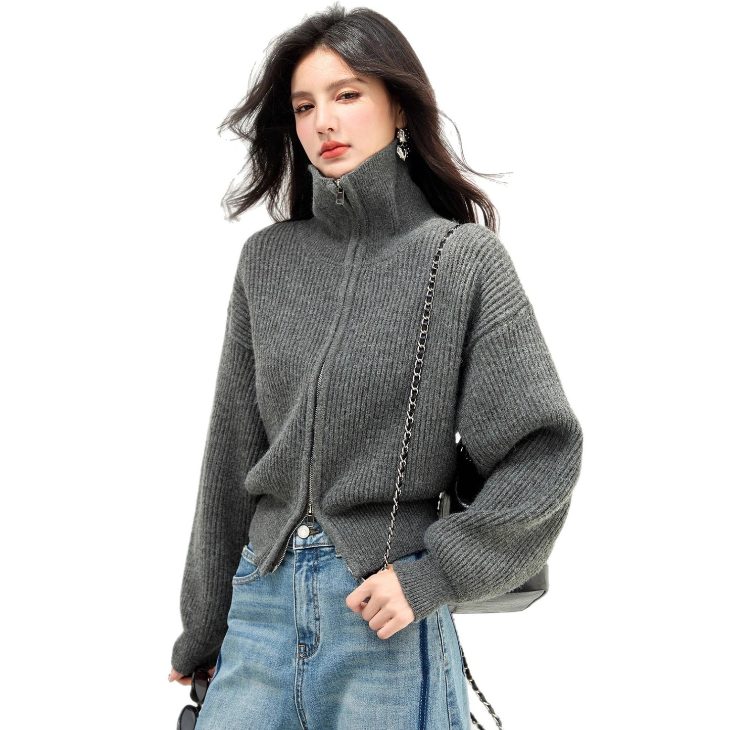 Chic High Neck Knit Sweater for Women with Double Zipper, Thickened Versatile Cardigan, Anorak Style Outwear