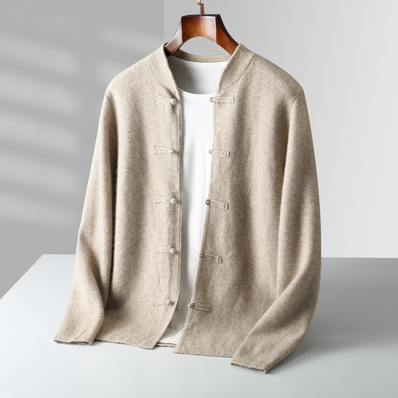 Pure wool sweater long sleeved men's loose and thick stand up collar knitted cardigan jacket