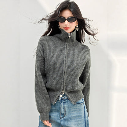 Chic High Neck Knit Sweater for Women with Double Zipper, Thickened Versatile Cardigan, Anorak Style Outwear