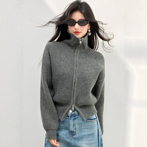 Chic High Neck Knit Sweater for Women with Double Zipper, Thickened Versatile Cardigan, Anorak Style Outwear