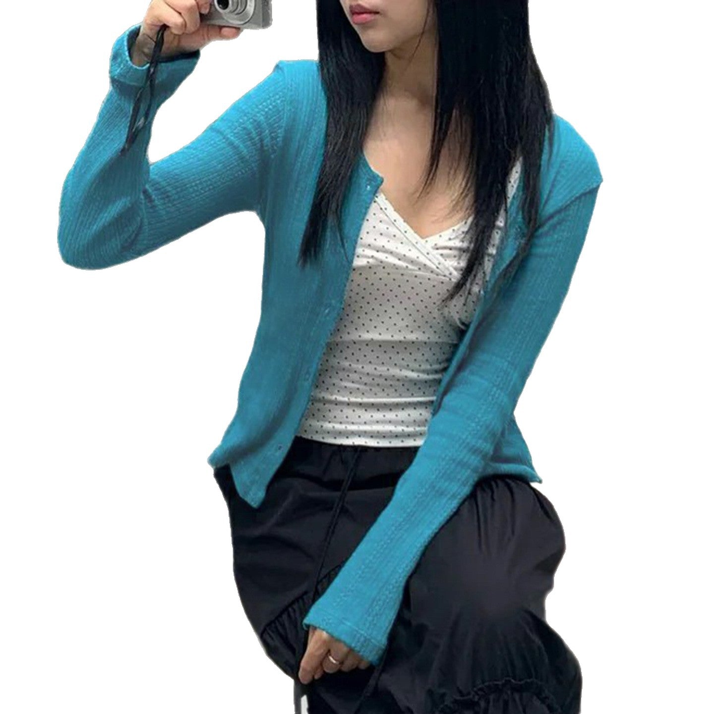 Blue woolen cardigan with button down long sleeved top women's coat