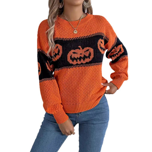 Halloween themed pumpkin head contrasting long sleeved pullover sweater