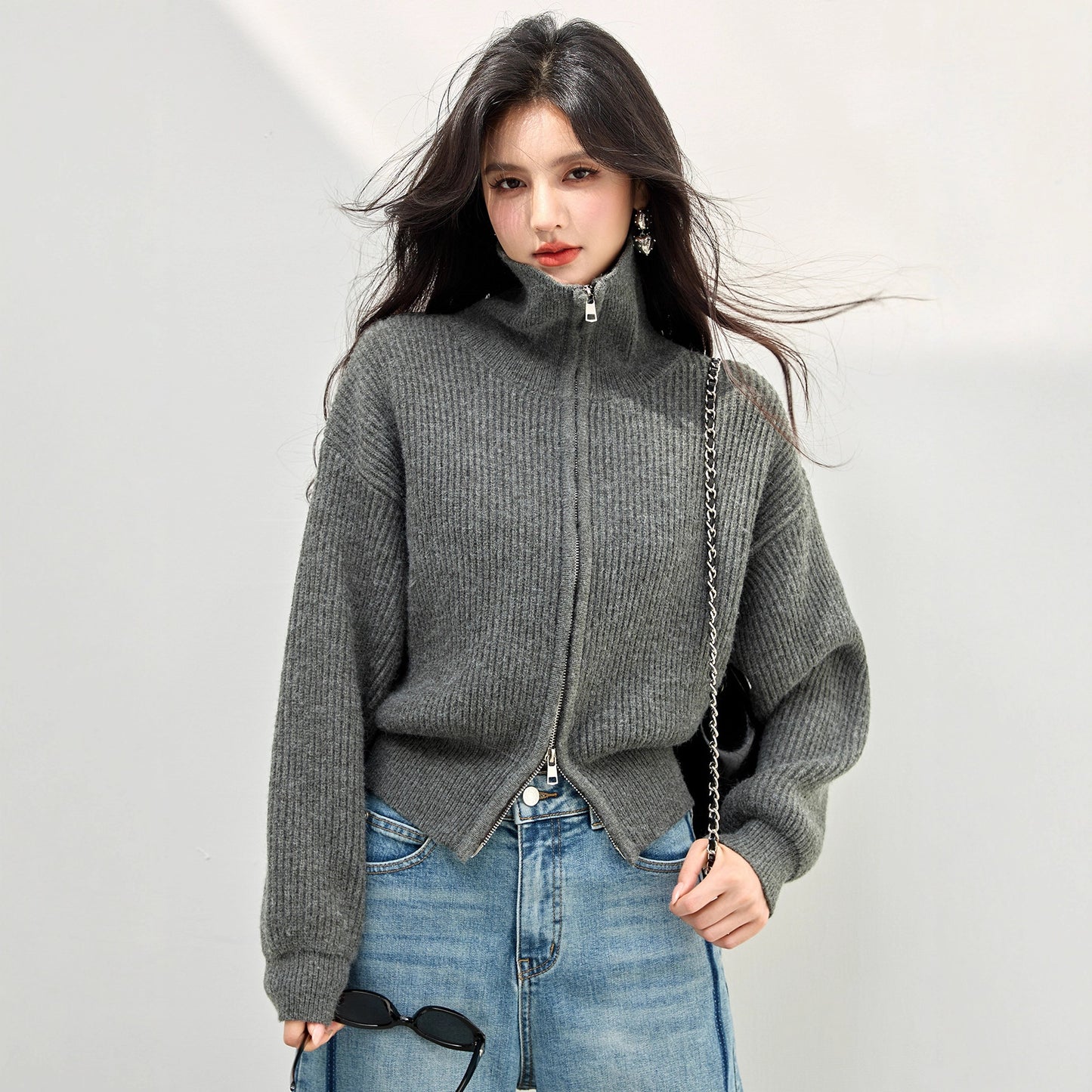 Chic High Neck Knit Sweater for Women with Double Zipper, Thickened Versatile Cardigan, Anorak Style Outwear