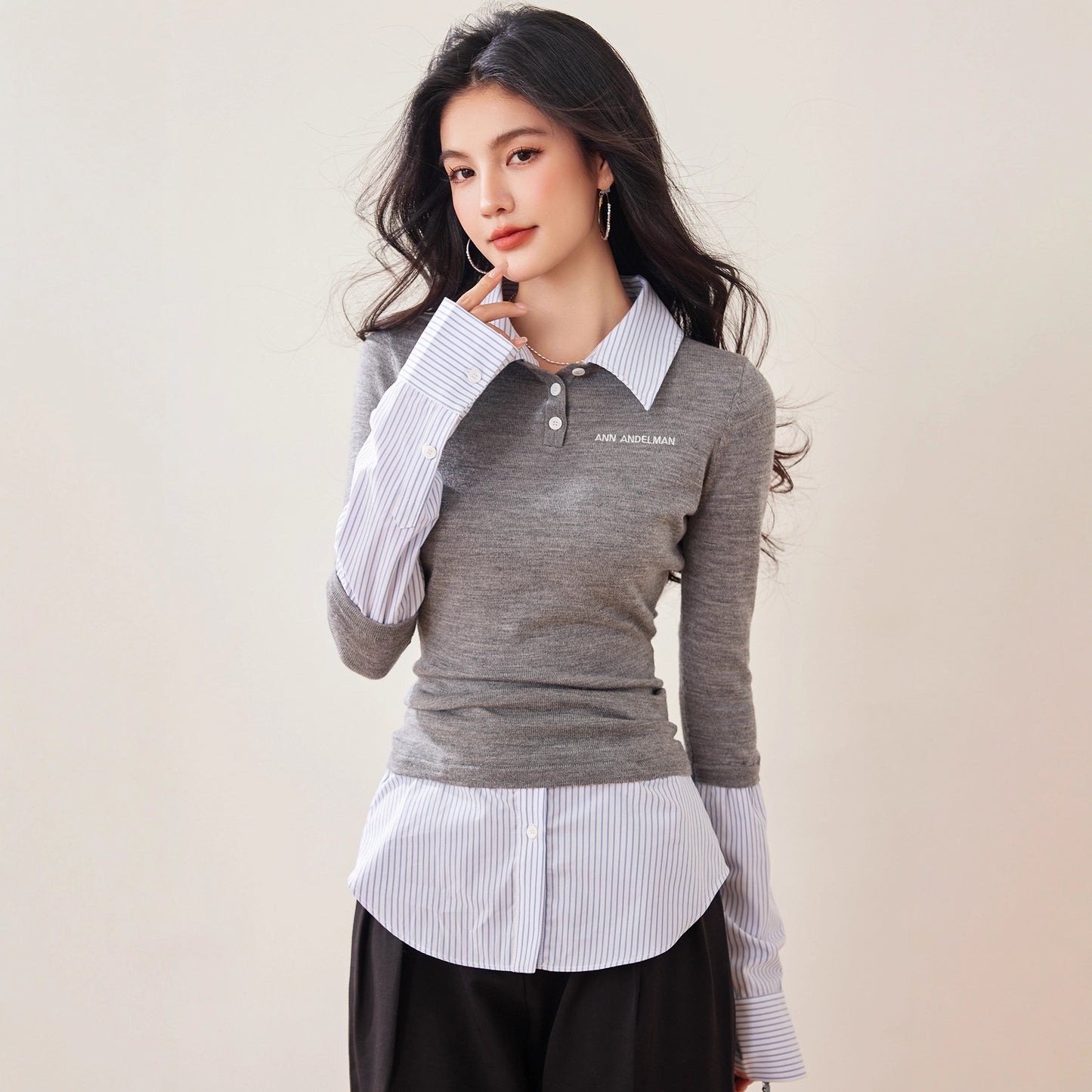 Fashionable Autumn Women's Unique and Elegant Classic Versatile Patchwork Shirt with False Two-Piece Design, Knit Top, Early Autumn New Style Top