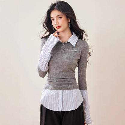 Fashionable Autumn Women's Unique and Elegant Classic Versatile Patchwork Shirt with False Two-Piece Design, Knit Top, Early Autumn New Style Top