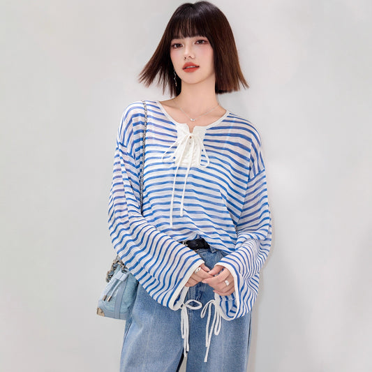 style design ice silk tie-up striped long sleeve sun protection cardigan loose slimming versatile casual top