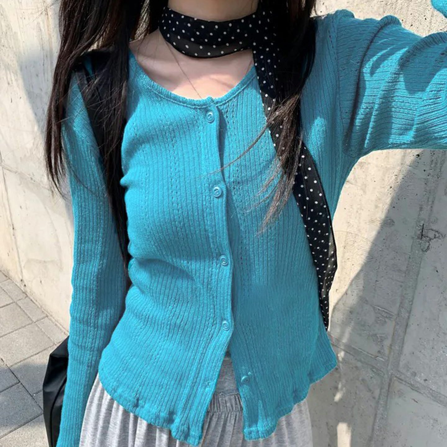 Blue woolen cardigan with button down long sleeved top women's coat