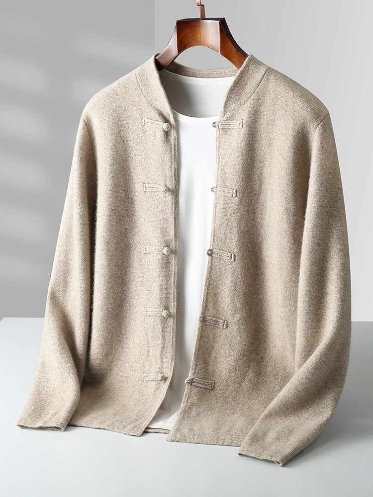 Pure wool sweater long sleeved men's loose and thick stand up collar knitted cardigan jacket