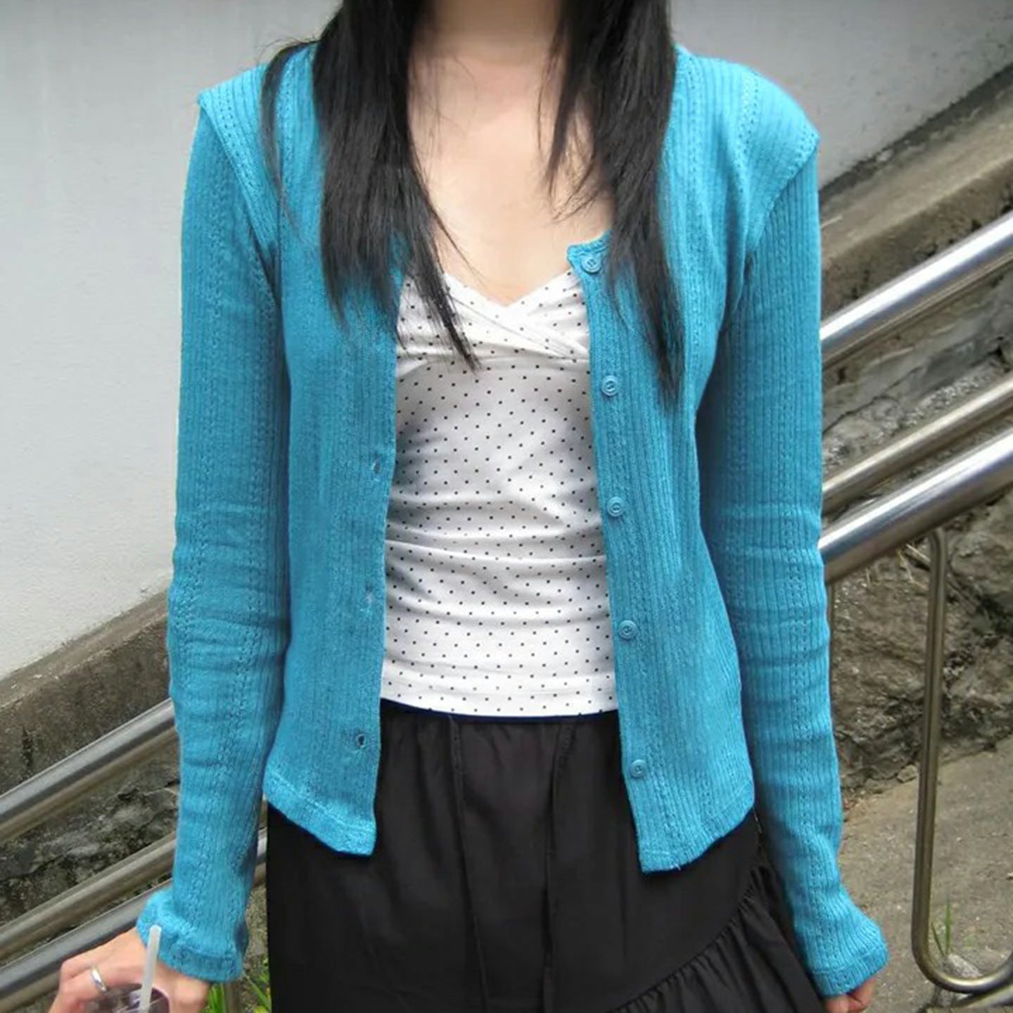 Blue woolen cardigan with button down long sleeved top women's coat