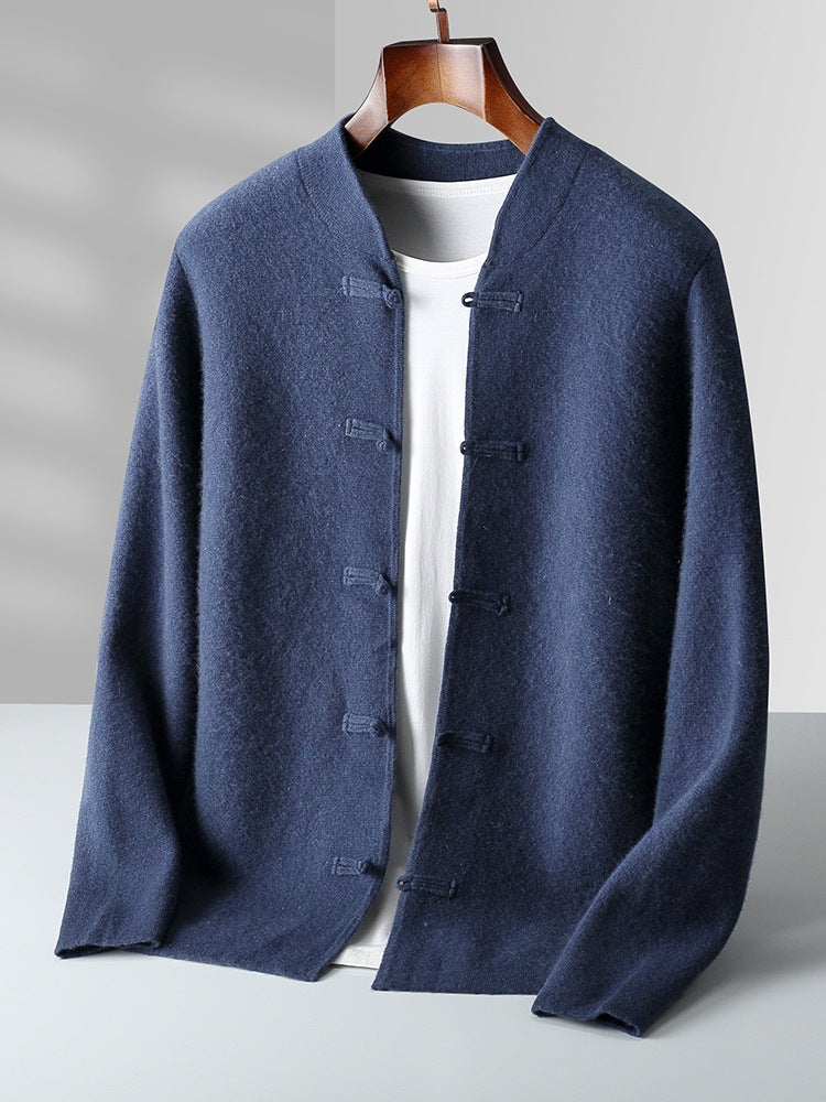 Pure wool sweater long sleeved men's loose and thick stand up collar knitted cardigan jacket