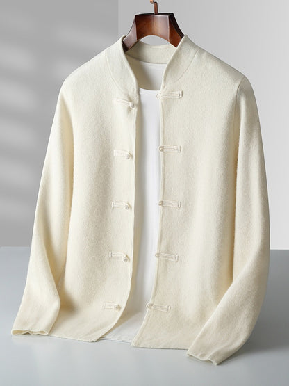 Pure wool sweater long sleeved men's loose and thick stand up collar knitted cardigan jacket